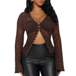 Fashion Nova Dark Dream Long Sleeve Flyaway Top Brown Textured Mesh Size 1X NWT